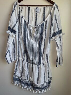 Saylor White Blue Tassel Trim Embroidered Cotton Mini Dress M Boho Cover Up FLAW